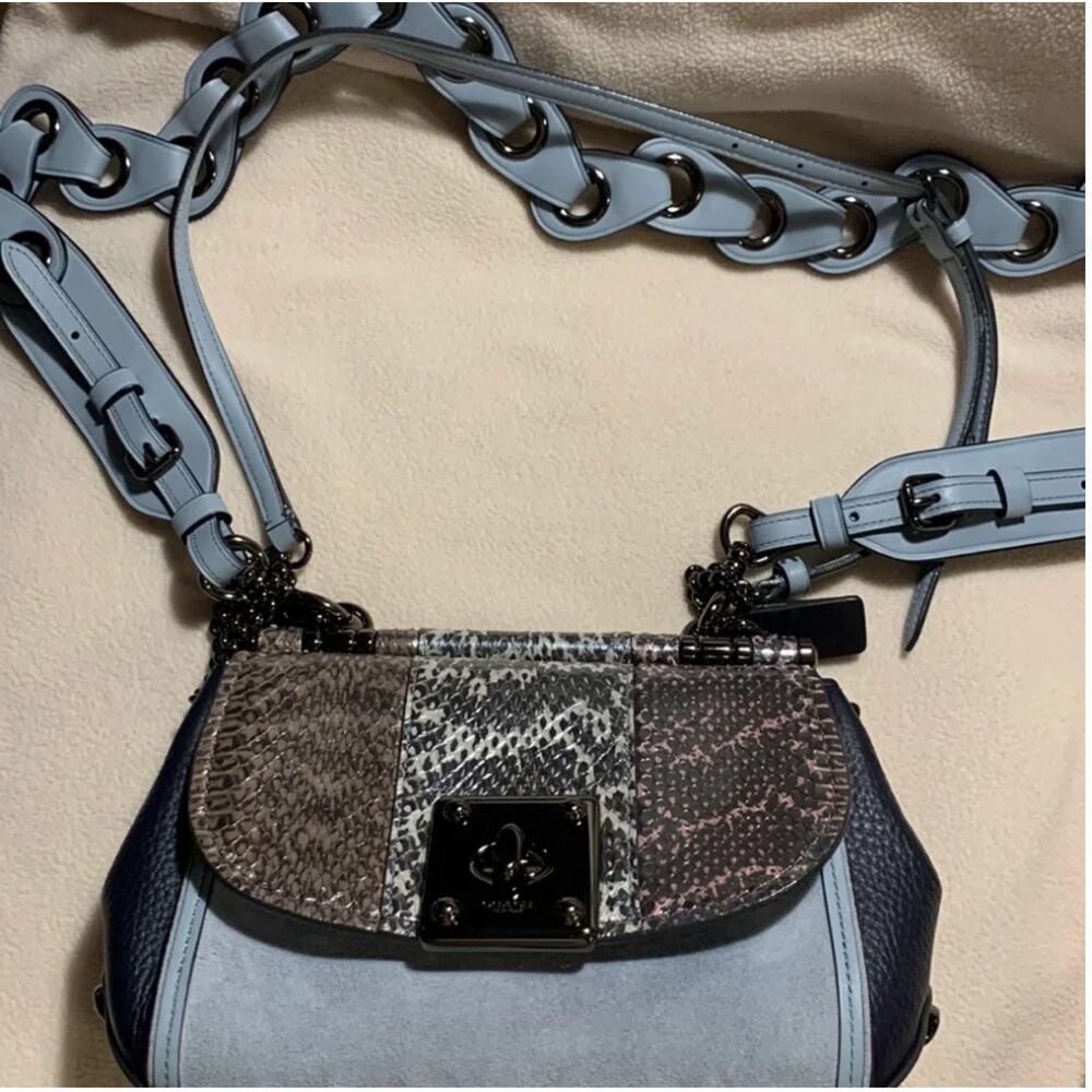 COACH Drifter Exotic Python Suede Pebble Leather Colorblock Blue Gray NWOT